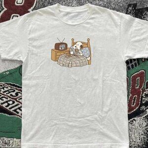 Snoopy Bed Time Cartoon Graphic White Cotton Tee